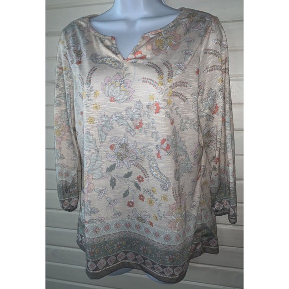 Christopher & Banks Sz Petite MEDIUM PM Floral Border Print Tunic 3/4 Sleeve EUC - Picture 2 of 10